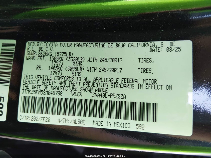 TOYOTA TACOMA 2025 VIN 3TMKB5FN5SM048788