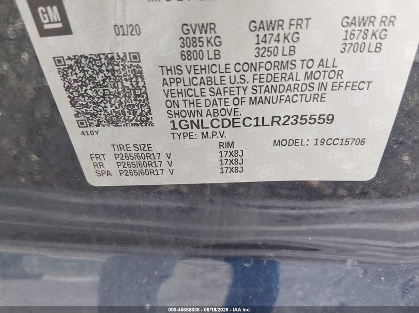 CHEVROLET TAHOE 2020 VIN 1GNLCDEC1LR235559