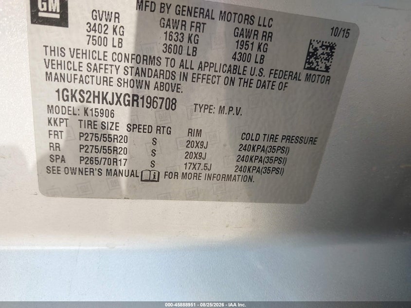 GMC YUKON XL 2016 VIN 1GKS2HKJXGR196708