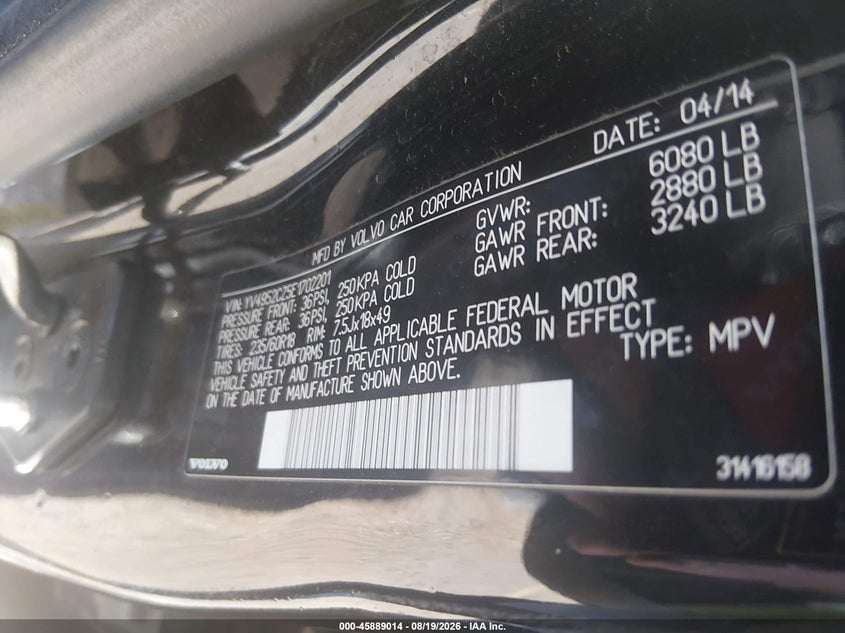 VOLVO XC90 2014 VIN YV4952CZ5E1702201