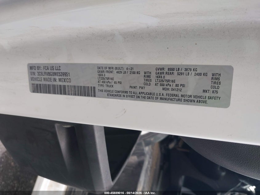 RAM PROMASTER 1500 2021 VIN 3C6LRVBG8ME539951