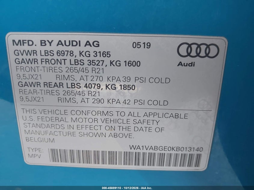 AUDI E-TRON 2019 VIN WA1VABGE0KB013140