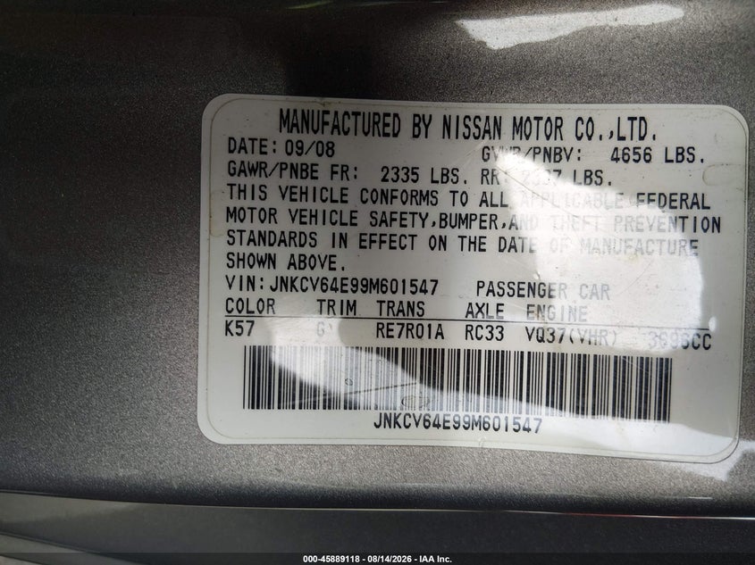 INFINITI G37 2009 VIN JNKCV64E99M601547