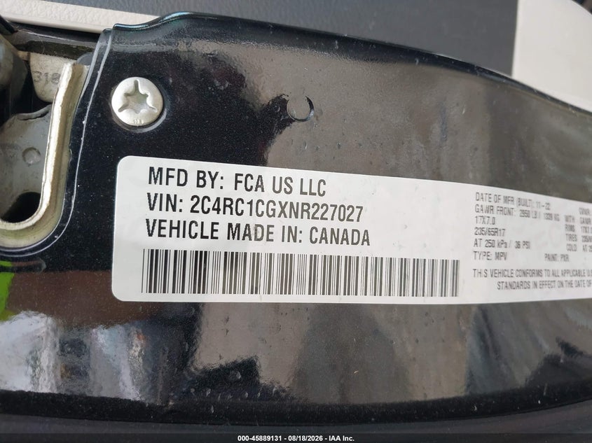 CHRYSLER VOYAGER 2022 VIN 2C4RC1CGXNR227027