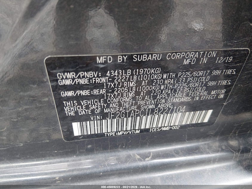 SUBARU CROSSTREK 2020 VIN JF2GTAPC1L8227104