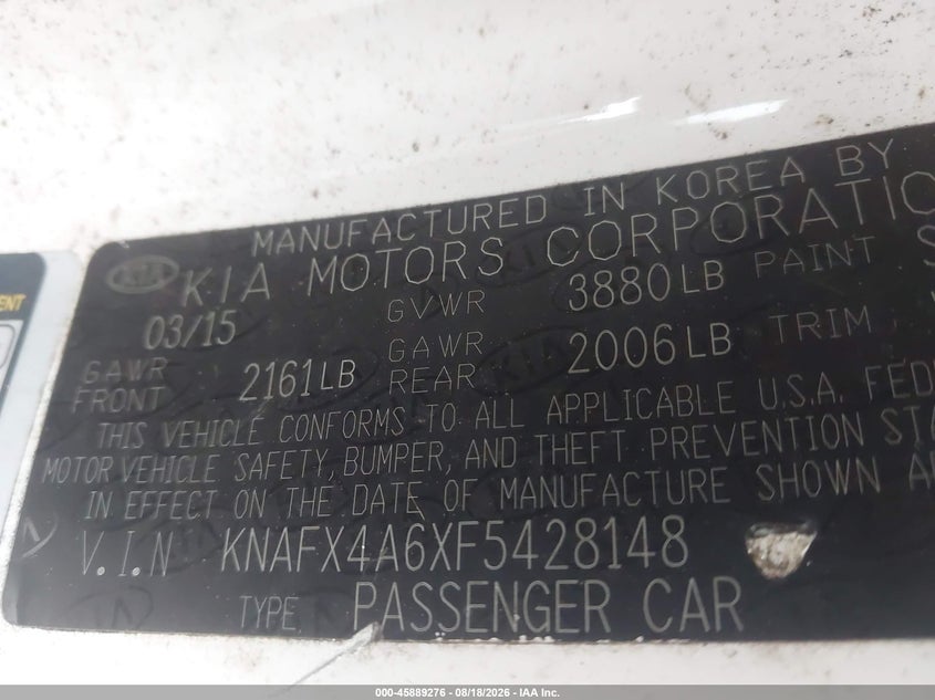 KIA FORTE 2015 VIN KNAFX4A6XF5428148