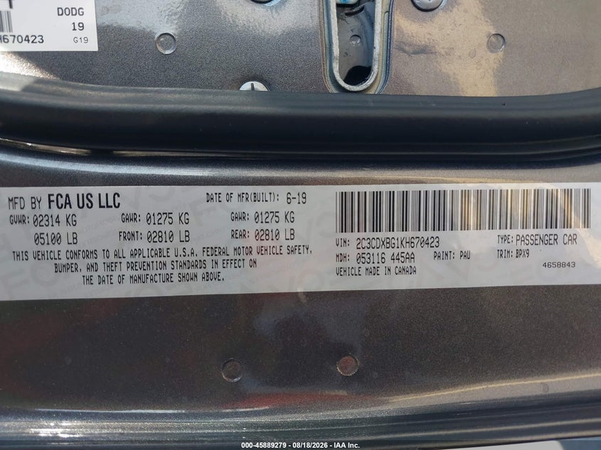 2019 DODGE CHARGER SEDAN 3.6L V-6 DOHC, VVT, 292HP