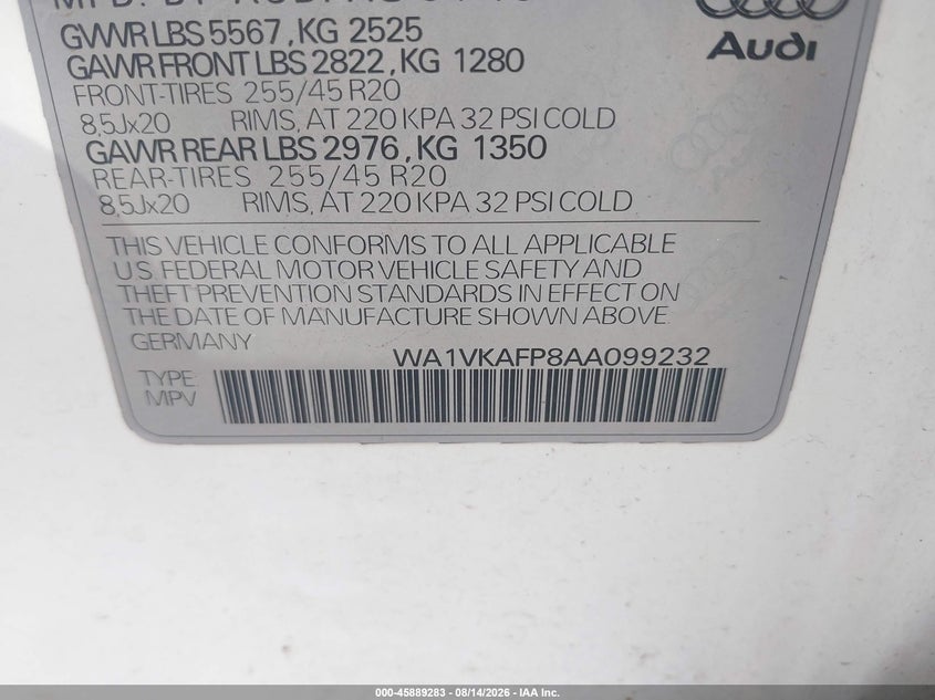 2010 AUDI Q5 SPORT UTILITY VEHICLE 3.2L V-6 DI, DOHC, VVT, 270HP