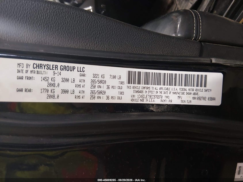 DODGE DURANGO 2014 VIN 1C4SDJET9EC976970