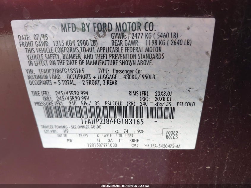 FORD TAURUS 2015 VIN 1FAHP2J86FG183165