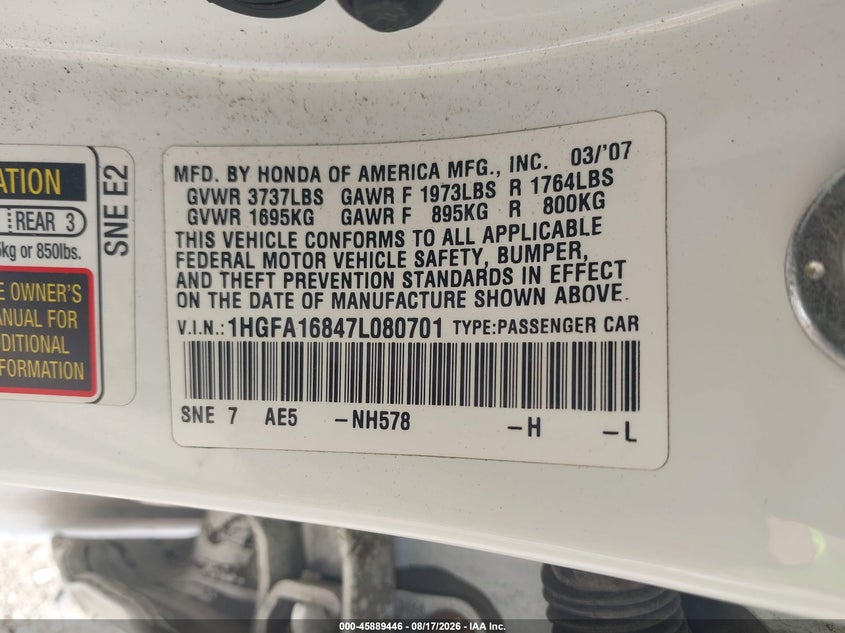 2007 HONDA CIVIC SEDAN 1.8L I-4 VVT, 140HP