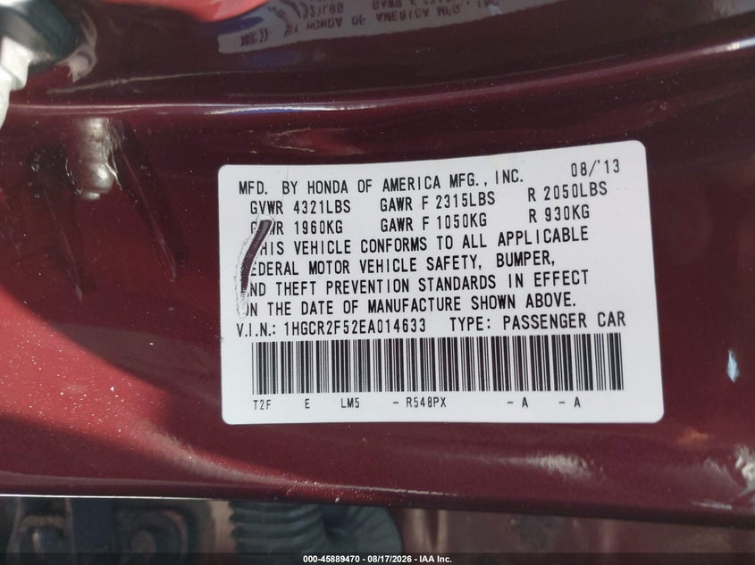 2014 HONDA ACCORD SEDAN 2.4L I-4 DI, DOHC, VVT, 189HP