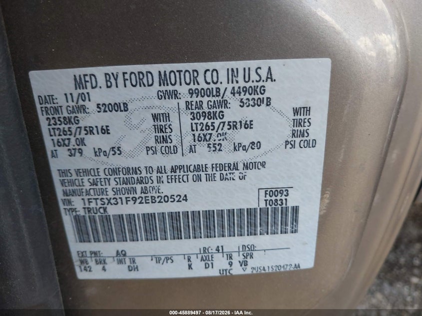 FORD F-350 2002 VIN 1FTSX31F92EB20524