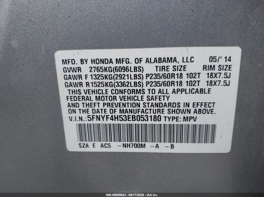 HONDA PILOT 2014 VIN 5FNYF4H53EB053180