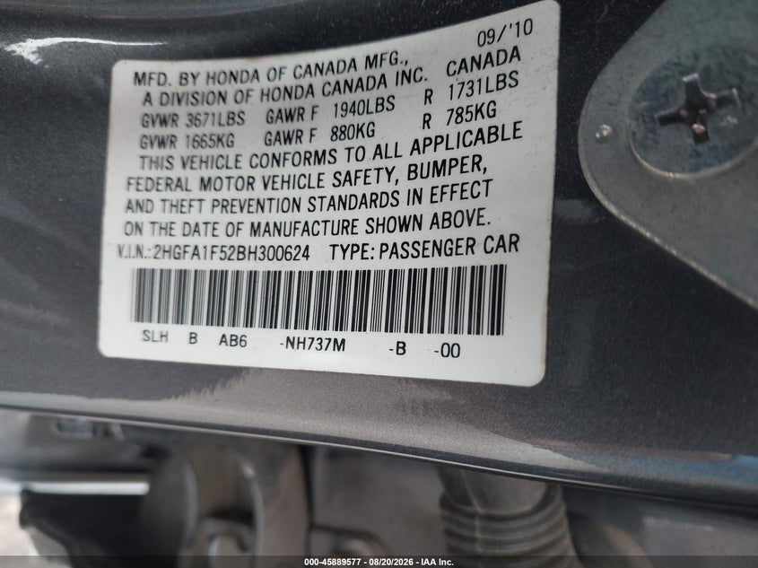 2011 HONDA CIVIC SEDAN 1.8L I-4 VVT, 140HP