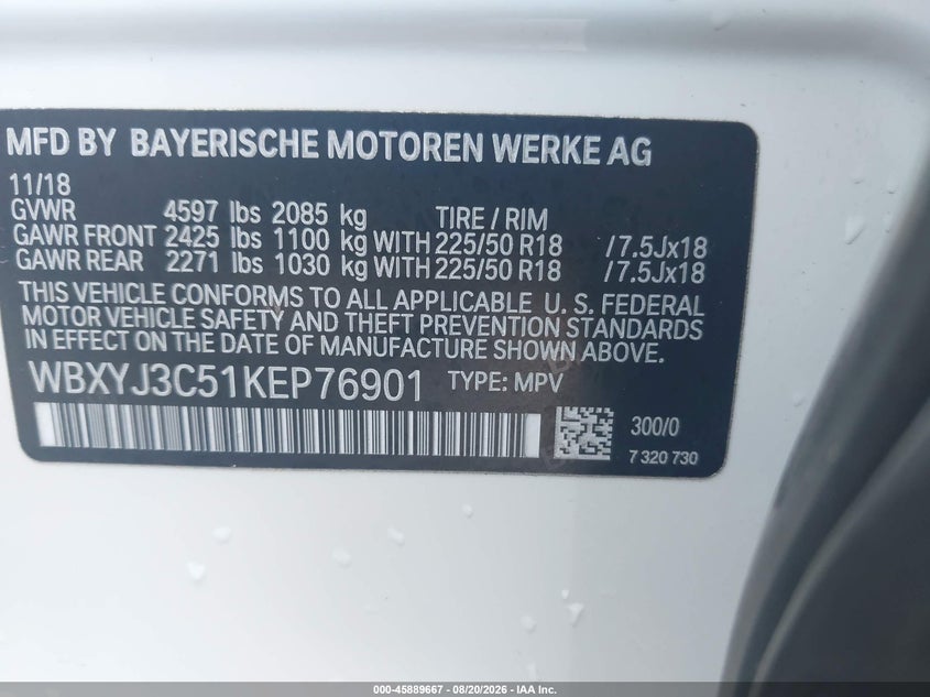 BMW X2 2019 VIN WBXYJ3C51KEP76901
