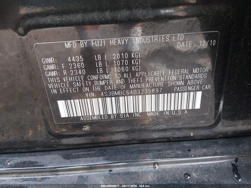 SUBARU LEGACY 2011 VIN 4S3BMBC64B3235897