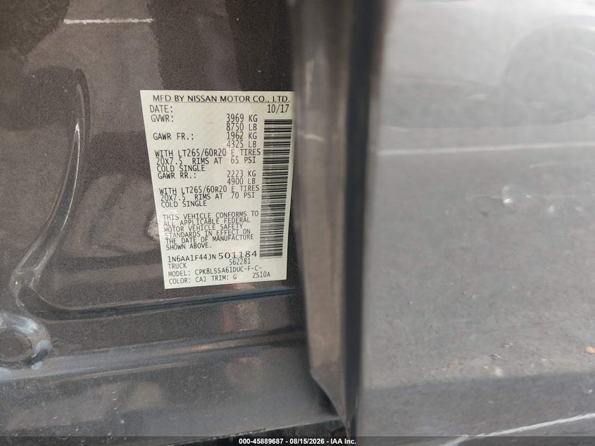 NISSAN TITAN XD 2018 VIN 1N6AA1F44JN501184