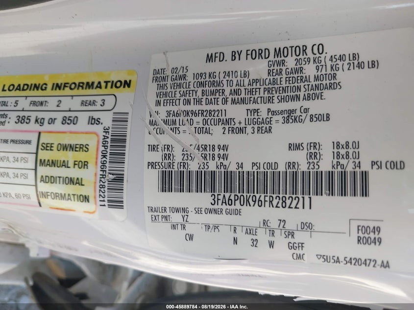 FORD FUSION 2015 VIN 3FA6P0K96FR282211