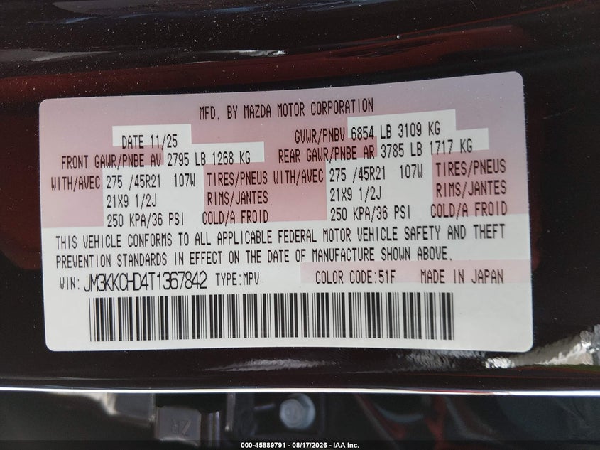 MAZDA CX-90 2026 VIN JM3KKCHD4T1367842