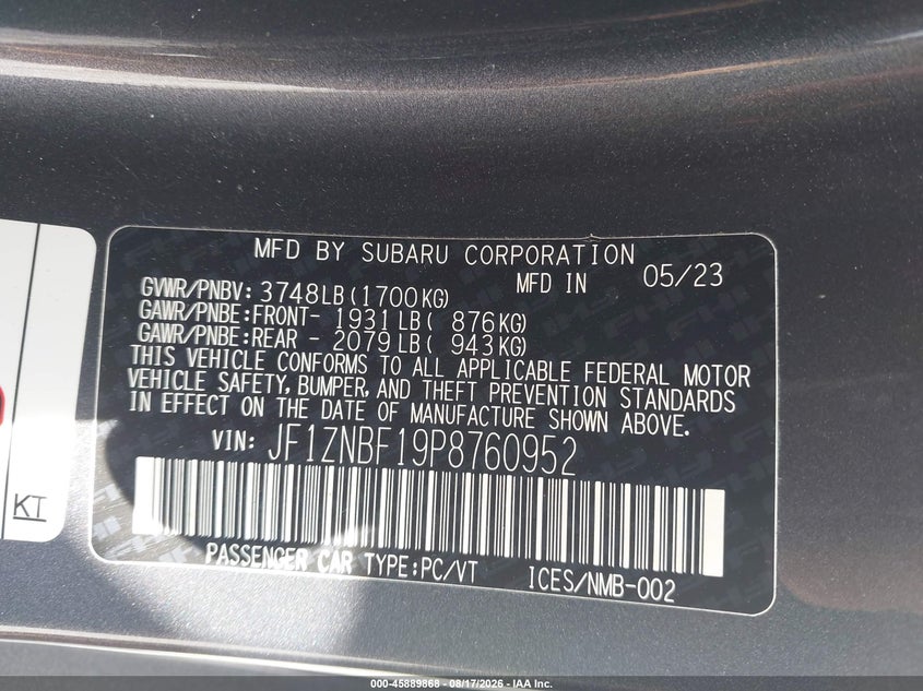 TOYOTA GR86 2023 VIN JF1ZNBF19P8760952