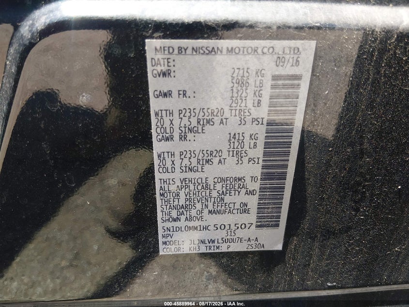 INFINITI QX60 2017 VIN 5N1DL0MM1HC501507