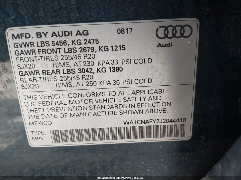AUDI Q5 2018 VIN WA1CNAFY2J2044440