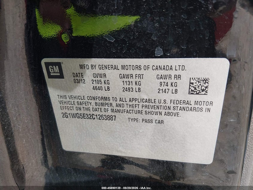 CHEVROLET IMPALA 2012 VIN 2G1WG5E32C1263887