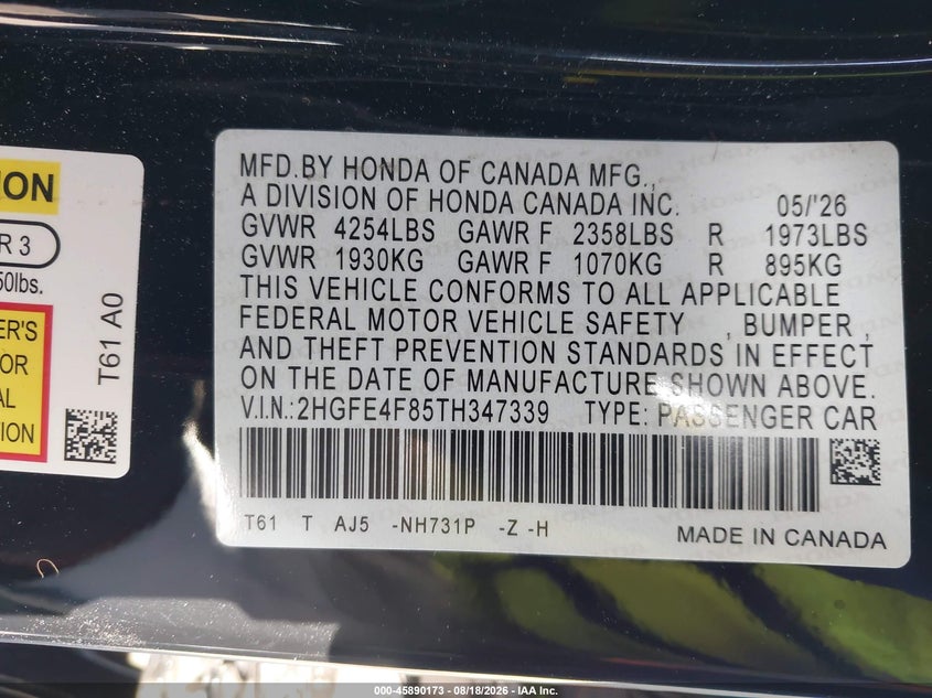 HONDA CIVIC HYBRID 2026 VIN 2HGFE4F85TH347339