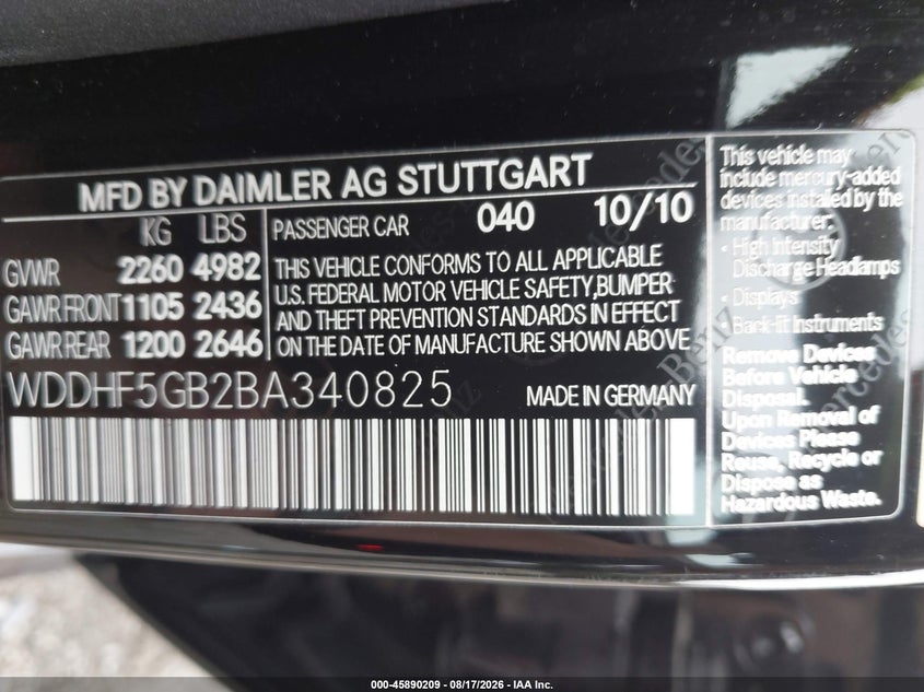 MERCEDES-BENZ E 350 2011 VIN WDDHF5GB2BA340825