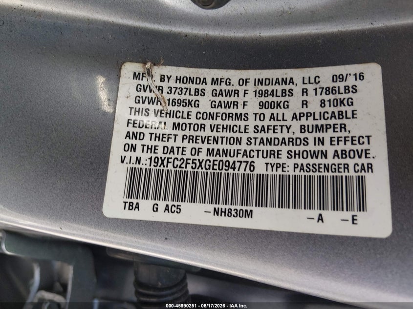 2016 HONDA CIVIC LX - zdjęcie 9