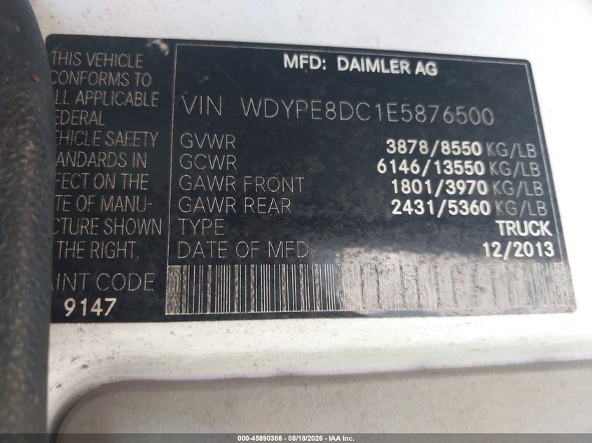 FREIGHTLINER SPRINTER 2500 2014 VIN WDYPE8DC1E5876500