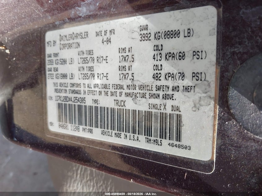 DODGE RAM 2500 2004 VIN 1D7KU28DX4J254305