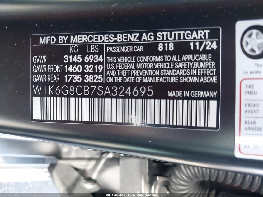 MERCEDES-BENZ AMG S 63 E 2025 VIN W1K6G8CB7SA324695