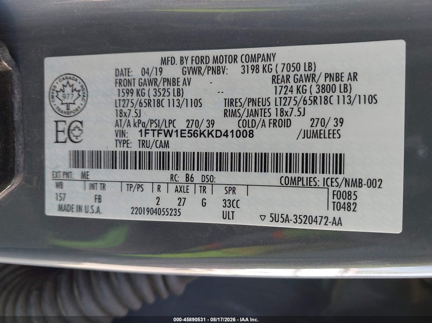 2019 FORD F-150 PICKUP 5.0L V-8 DI, DOHC, VVT, 395HP