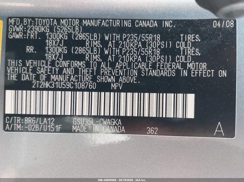 LEXUS RX 350 2009 VIN 2T2HK31U59C108760