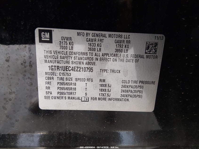 GMC SIERRA 1500 2014 VIN 1GTR1UEC4EZ210795