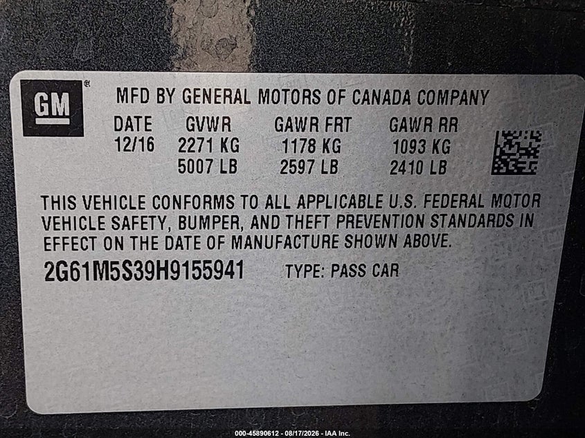 2017 CADILLAC XTS SEDAN 3.6L V-6 DI, DOHC, VVT, 304HP