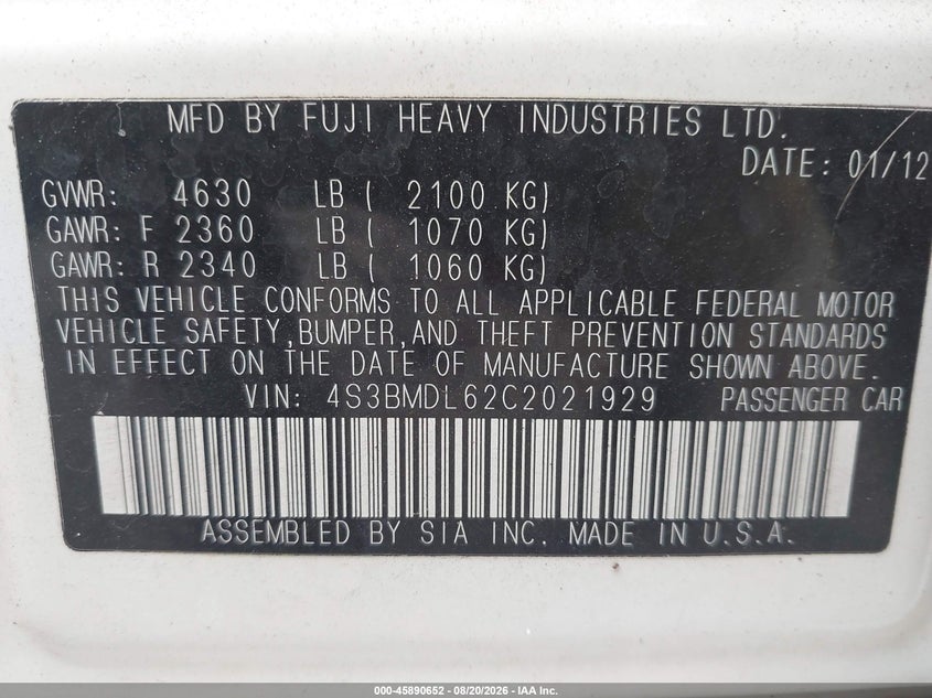 2012 SUBARU LEGACY SEDAN 3.6L H-6 DOHC, VVT, 256HP