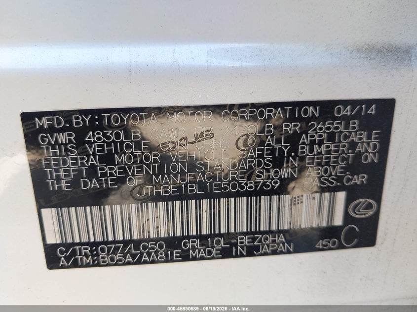 LEXUS GS 350 2014 VIN JTHBE1BL1E5038739