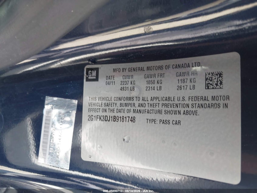 2011 CHEVROLET CAMARO CABRIO 6.2L V8 FI OHV 16V NF2