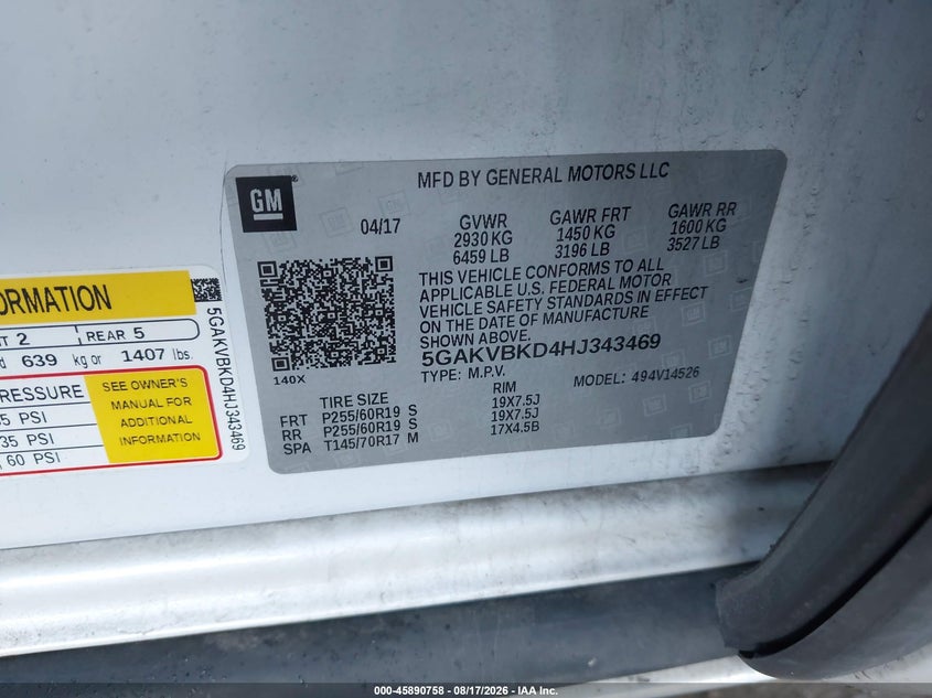 BUICK ENCLAVE 2017 VIN 5GAKVBKD4HJ343469