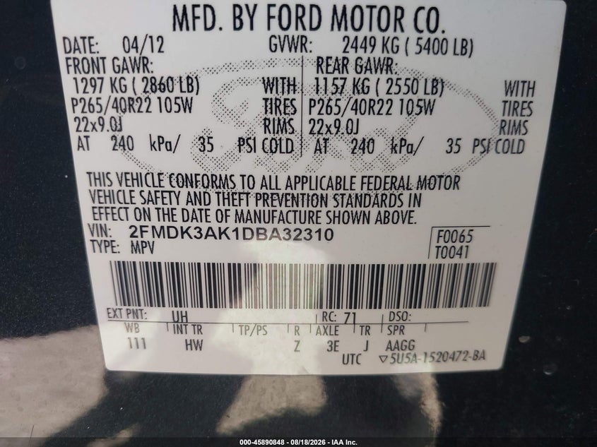 2013 FORD EDGE SPORT UTILITY VEHICLE 3.7L V-6 DOHC, VVT, 305HP