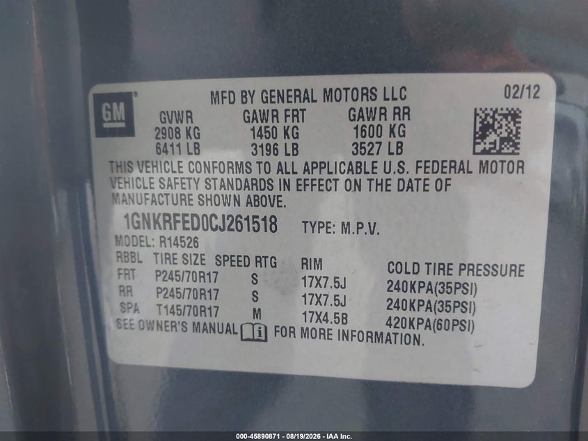 CHEVROLET TRAVERSE 2012 VIN 1GNKRFED0CJ261518