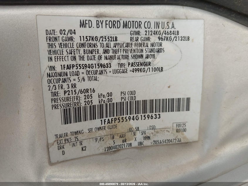 2004 FORD TAURUS SEDAN 3L V6 FI DOHC 24V F4