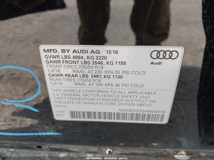 AUDI Q3 2017 VIN WA1ECCFS2HR008156