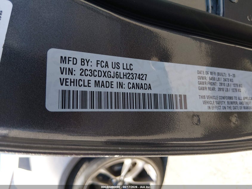 DODGE CHARGER 2020 VIN 2C3CDXGJ6LH237427