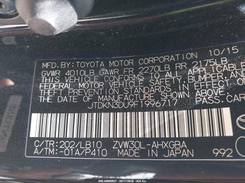 2015 TOYOTA PRIUS HATCHBACK 1.8L I-4 DOHC, VVT, 98HP
