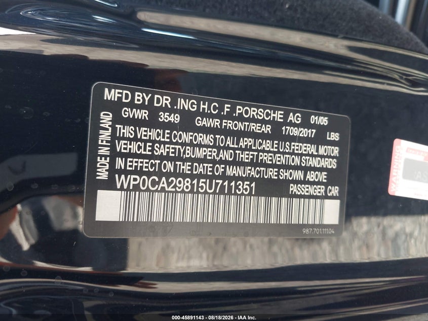 PORSCHE BOXSTER 2005 VIN WP0CA29815U711351
