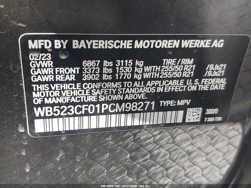BMW IX 2023 VIN WB523CF01PCM98271